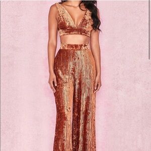House of CB Rust Colored Velvet Bra and Wide Leg Trousers. Top size L, bottoms M